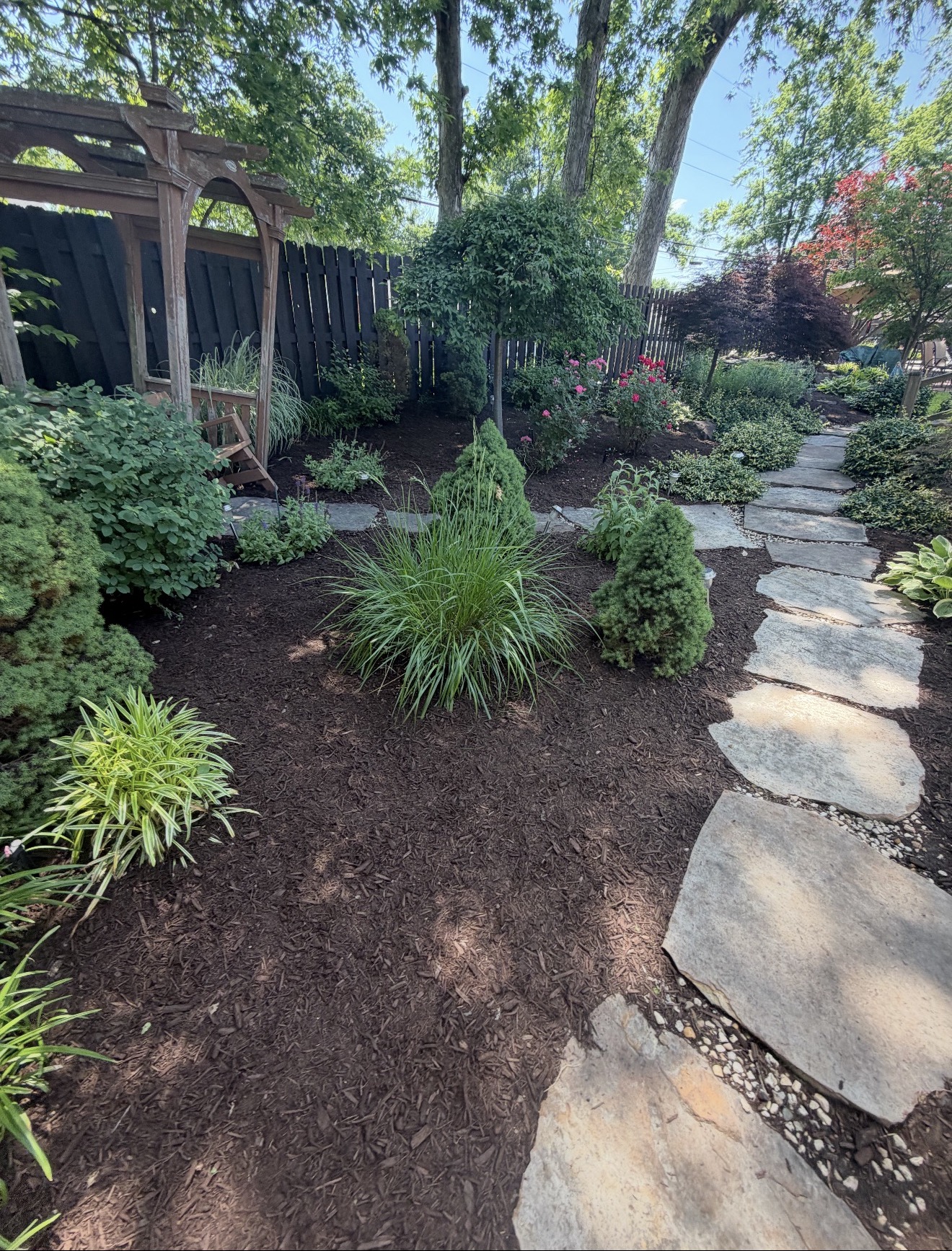 Backyard with fresh brown mulch and flagstone path