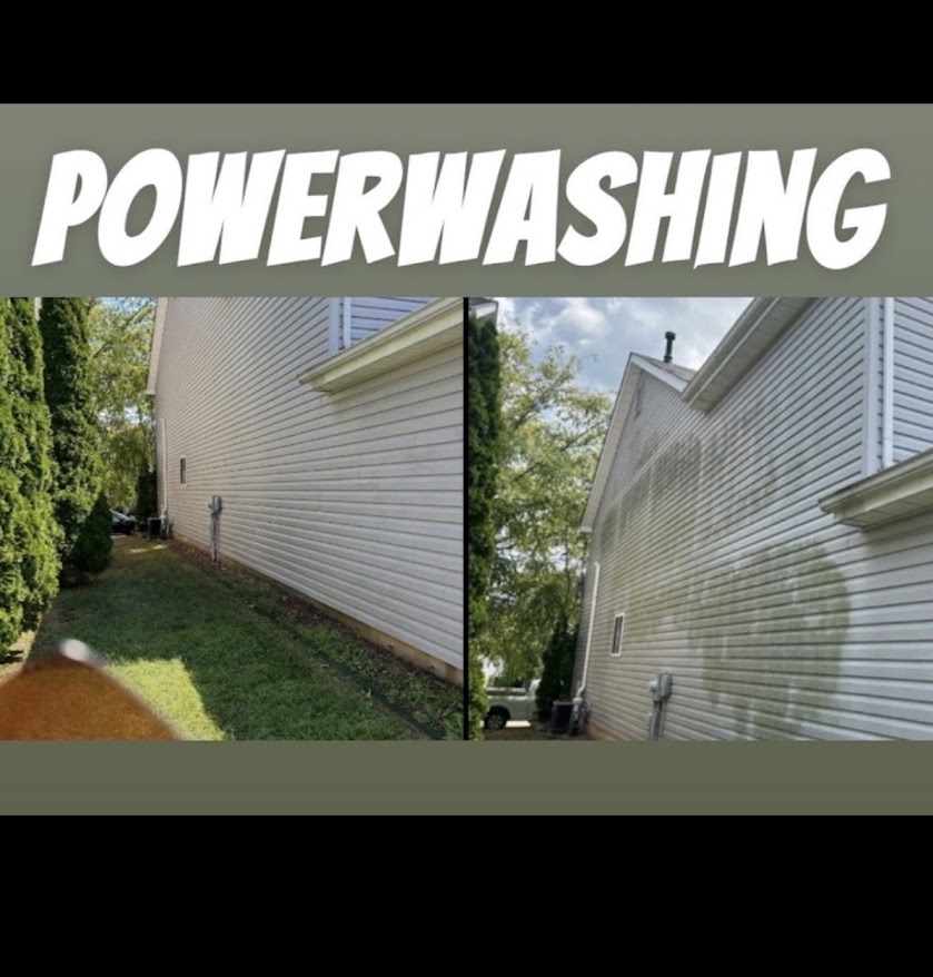 Before and after power washing of home siding showing dirt removed and siding restored